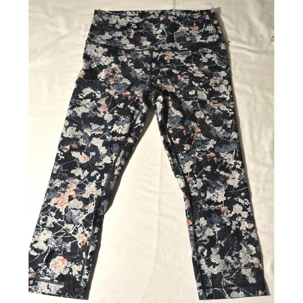 Lululemon High Rise Crop Leggings Size 10 Multi Floral Splatter Black Orange